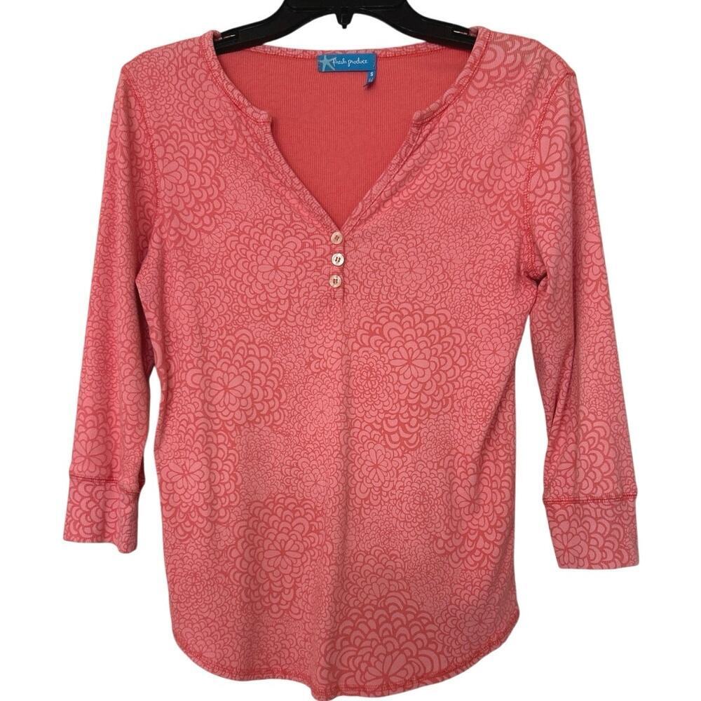 Fresh Produce Y2K Pink V Neck Fitted Henley Long Sleeve Top Made In The USA Sm